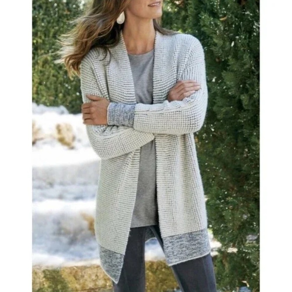 Soft Surroundings Womens Caressa Cardigan Sweater Open Front Gray Blue Size L